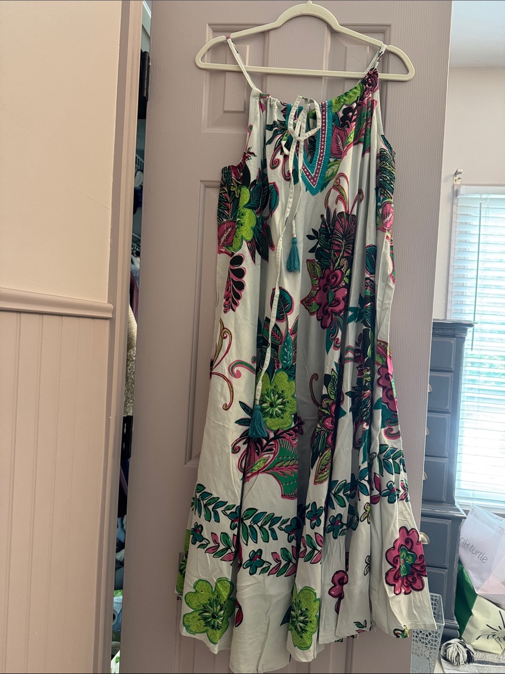 Jaded Gypsy NWT Floral Tie-Front Maxi Skirt in White with Pink & Green